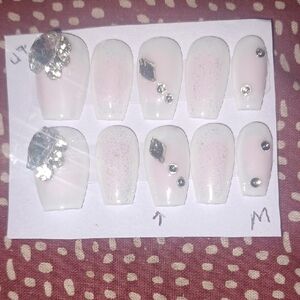 Pink and White Press-On Nails with Rhinestones